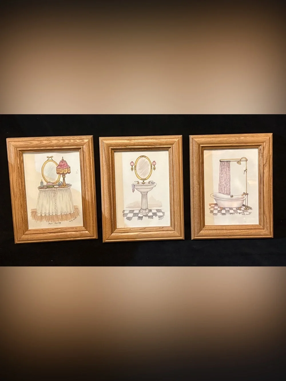 Triptych Oak Picture Frame Set with Beige Artwork